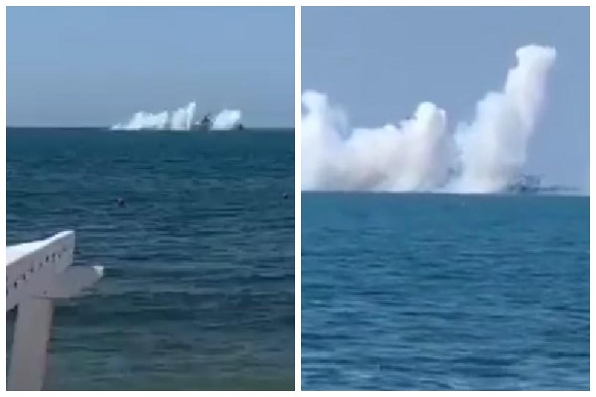 potrivit expertului, nava rusă a încercat să se deghizeze cu momeli de fum, dar nu l-a ajutat/capturi de ecran din videoclip